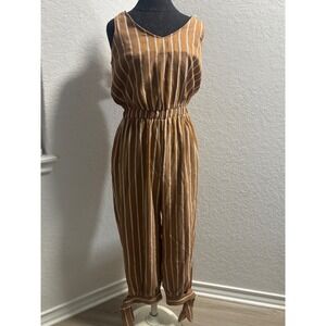 INA Mocha Brown Striped Sleeveless Jumpsuit Open Back Tie Ankle IRF90814 WomensL